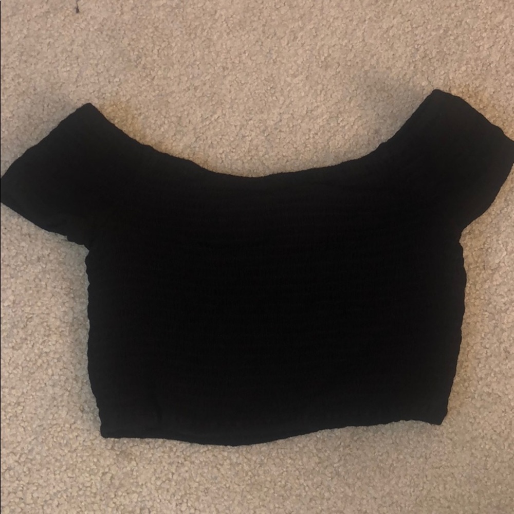 Black ruffle off the shoulder fitted crop top